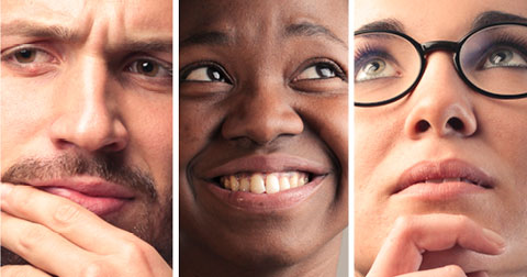 Three different people with different facial expressions